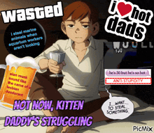 a cartoon of a man holding a glass of beer that says i love hot dads on it