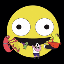 a group of cartoon characters are standing around a yellow smiley face