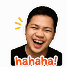 a man is laughing with a sticker that says hahaha on it