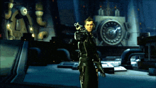 a man holding a gun in front of a large vault