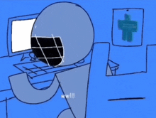 a drawing of a person sitting in front of a computer with the word ww written on the bottom left