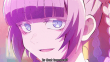 a girl with purple hair and blue eyes is smiling and says is that immoral