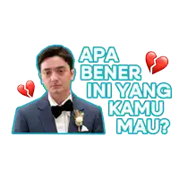 a sticker of a man in a suit with the words apa bener ini yang kamu mau on it