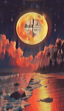 a painting of a sunset with a clock that says " why " on it