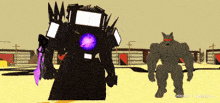 a video game screen shows a robot and a monster with the letters min max on the bottom right