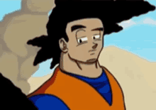 a cartoon of a man wearing a blue shirt and an orange vest is standing in front of a mountain .
