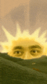 a close up of a man 's face with a sun behind it