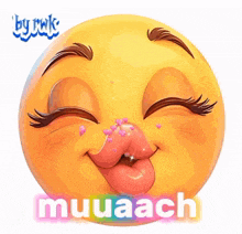 a cartoon smiley face with the words muuaach written on it