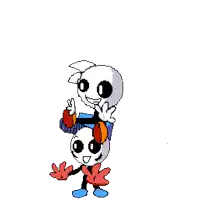 a pixel art of two skeletons standing next to each other giving a peace sign .