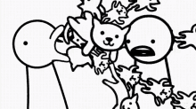 a black and white drawing of a person holding a cat and a dog .