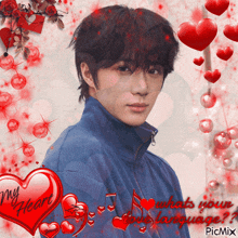 a picture of a boy with red hearts and the words my heart