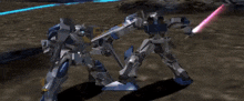two robots are fighting in a video game and one of them has a gun