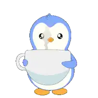 a penguin holding a cup of coffee with the words " no coffee " above it