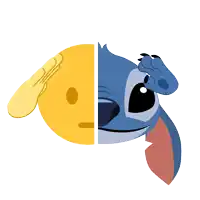 half of a yellow smiley face and half of stitch