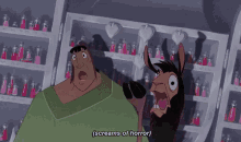 a cartoon character screams of horror next to a llama