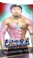 a shirtless man is standing in front of a sign that says ultra instinct sign toshi