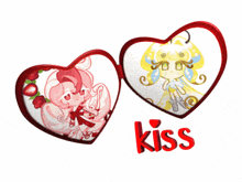 a couple of heart shaped glasses with the word kiss on the bottom