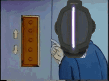 a cartoon character is pointing at an elevator with arrows pointing up and down