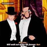 two men in tuxedos are standing next to each other and one of them is talking to the other .