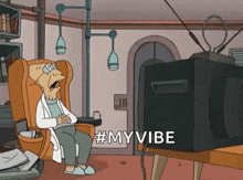 a cartoon character is sitting in a chair in front of a television with the hashtag #myvibe
