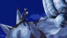 a man is flying through the air while holding a sword in his hand