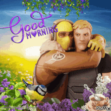 a picture of two men hugging with the words " good morning " on the bottom