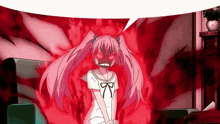 a girl with pink hair has a speech bubble above her