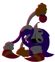 a purple cartoon character with red eyes and a microphone