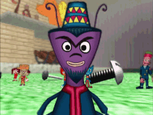 a cartoon character wearing a sombrero and holding a sword stands in front of a brick wall