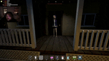 a video game screen shows a man standing on a porch in front of a burning house