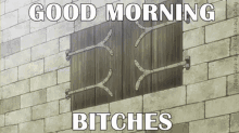 a brick wall with a wooden door and the words good morning bitches on it