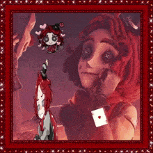 a picture of a girl with red hair and a playing card with a heart on it