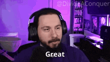 a man wearing headphones says great in front of a purple background