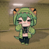 a cartoon drawing of a girl wearing a green jacket and pants