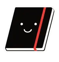 a black book with a red ribbon has a smiling face on it