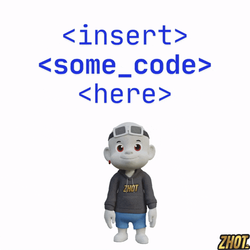 a cartoon character stands in front of a white background that says insert some code here