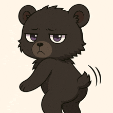 a cartoon drawing of a teddy bear with a purple eye