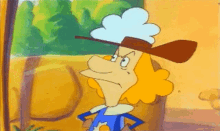 a cartoon character is wearing a cowboy hat and a blue shirt