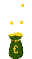 a green bag with a yellow euro sign on it is filled with gold coins
