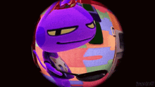 a purple cartoon character with yellow eyes is holding a frying pan