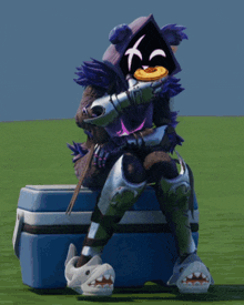 a person wearing shark slippers sits on a cooler holding a pie