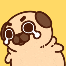 a cartoon pug dog is crying with tears coming out of his eyes