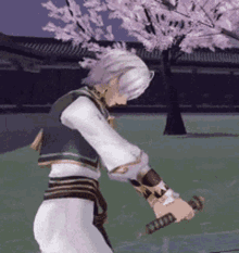 a man with white hair is holding a sword in a video game