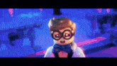 a lego character wearing glasses and a bow tie looks surprised