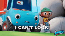 a cartoon character says i can 't look next to a blue car
