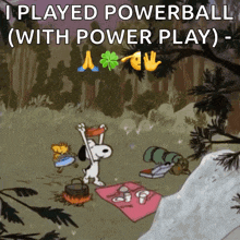 a cartoon of snoopy and woodstock playing powerball