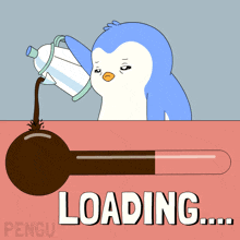 a penguin is pouring coffee into a thermometer which says loading