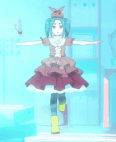 a girl in a purple dress is dancing in a room with her arms outstretched