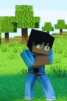 a minecraft character is standing in a grassy field with trees in the background