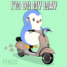 a penguin on a scooter with the words i 'm on my way